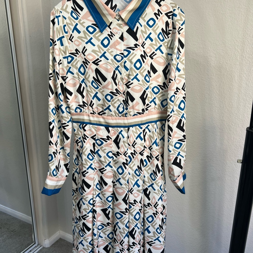 MOTF Blue Dress with Long Bishop Sleeves and V-Neck